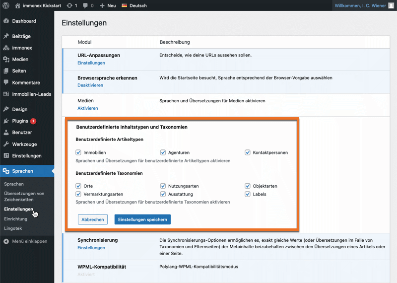 Screenshot: Polylang-Custom-Post-Type- und Taxonomien-Konfiguration
