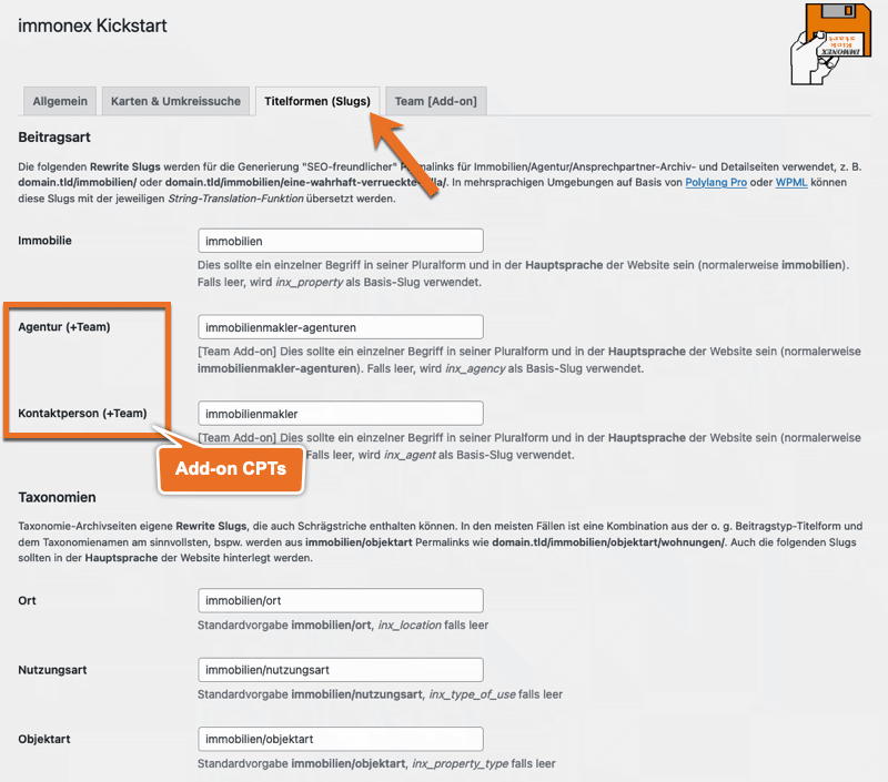 Screenshot: Slug-Tab der Kickstart-Optionen
