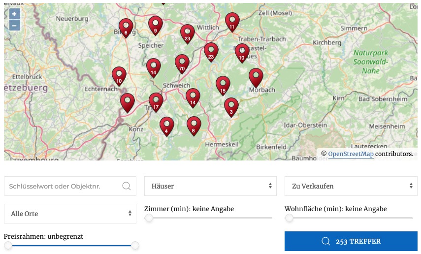 Immobilien-Übersichtskarte und Suchformular