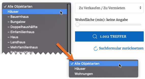 Taxonomie-Auswahl im Immobilien-Suchformular