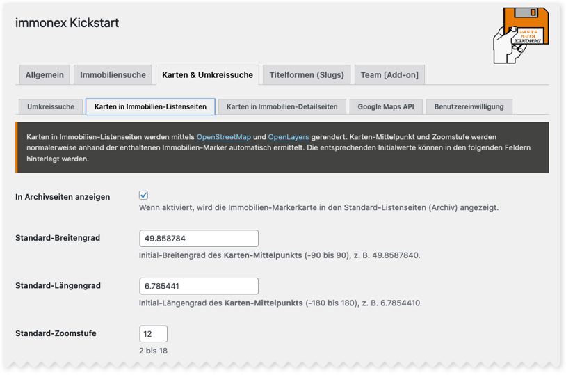 immonex Kickstart Plugin-Optionen im WordPress-Backend