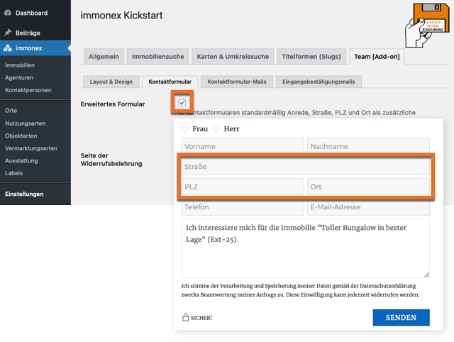 Screenshot: erweitertes Kontaktformular