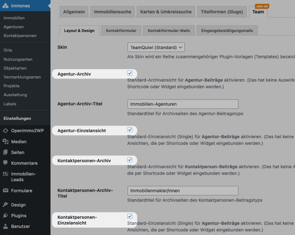 Optionen zum Aktivieren/Deaktivieren von Archiv- und Einzelansichten