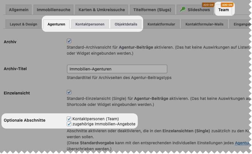 Screenshot: Optionale Immobilienagentur-Detailabschnitte