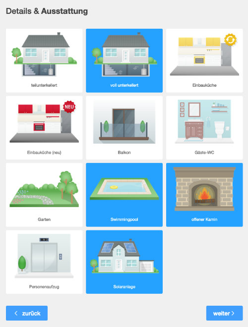 Screenshot Immobilien-Ausstattungs-Auswahl