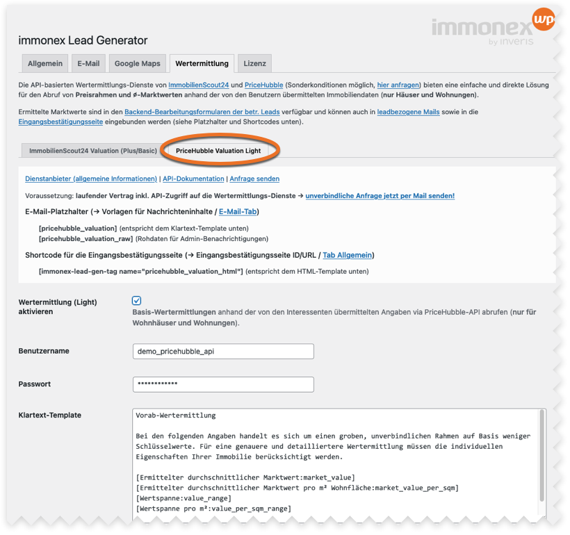 Screenshot Konfiguration der PriceHubble-Anbindung im WordPress-Backend