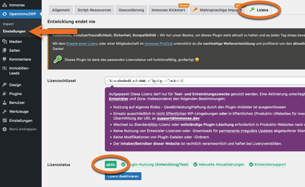 Lizenzaktivierung im WP-Backend