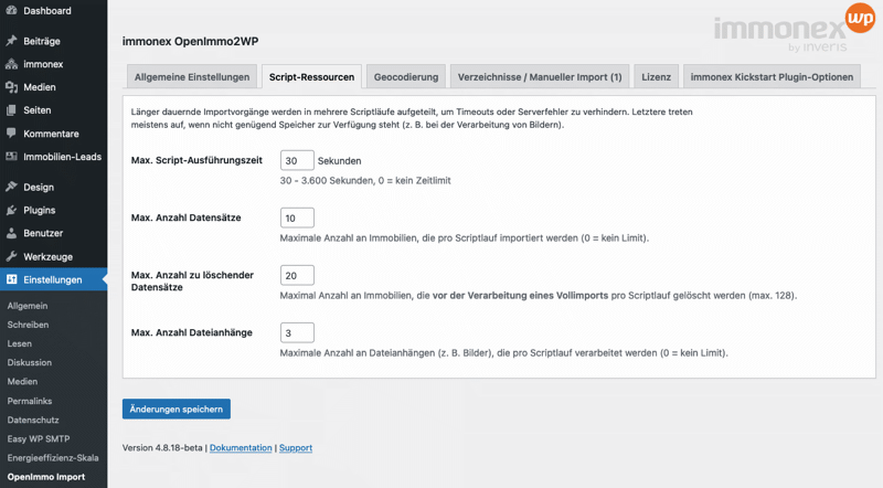 Screenshot: OpenImmo-Import-Ressourcen-Optionen